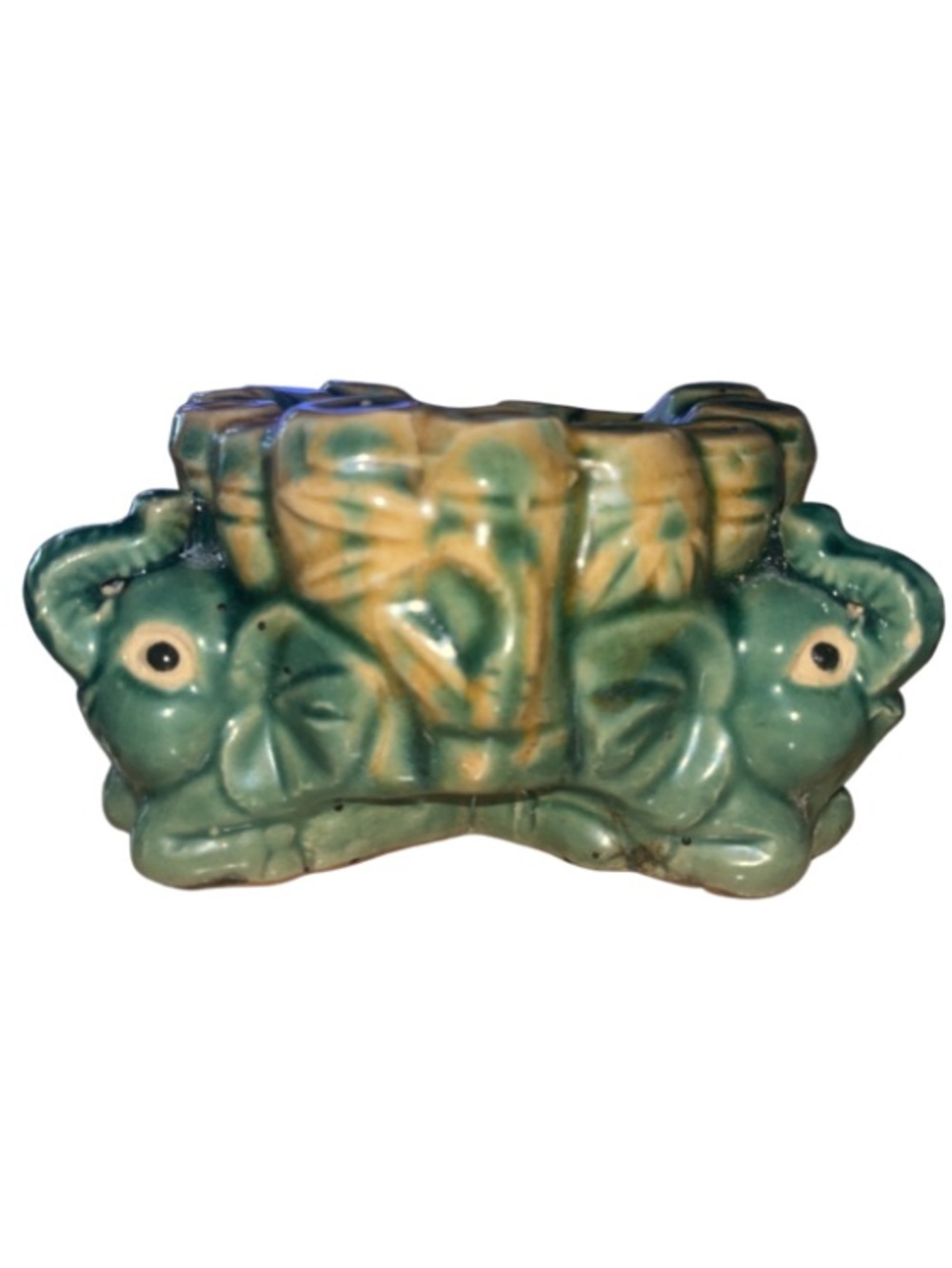 MCM Vtg. Majolica Style Green Ceramic Elephant Bamboo Planter Mid Century Lucky